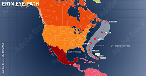 Hurricane Erin Eye Path Map Illustration, Atlantic Ocean Storm Tracking, Weather Forecast Route, Natural Disaster Satellite Data Visualization