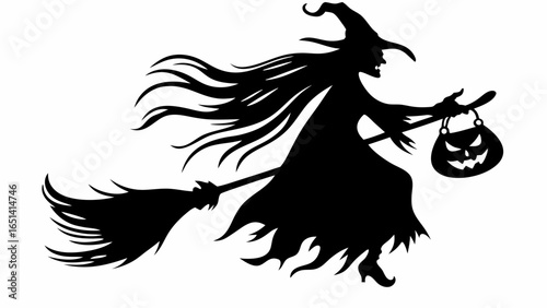 Silhouette of a witch flying on a broomstick holding a pumpkin shaped bag in a halloween themed image | editable eps vectors