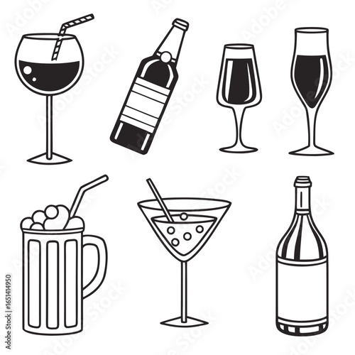 Illustration of various alcoholic and non alcoholic beverages including wine beer and cocktails in black and white on transparent background