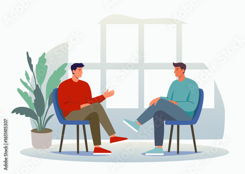 Men discussing, talking, arguing, giving interviews. Two men sitting on chairs opposite each other. Office, studio. Flat design, vector illustration
