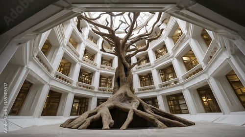 the scene presents a massive sculpture of a tree, filling the courtyard of a multi story building