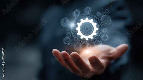 Corporate hand presents a glowing circular DevOps icon in mid-air, with gears, cloud computing lines, and automation symbols surrounding it