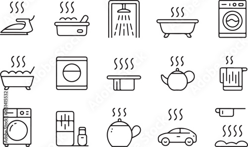 Minimalist line art icons representing home appliances like showers, bathtubs, and washing machines, perfect for wellness and household-related themes.