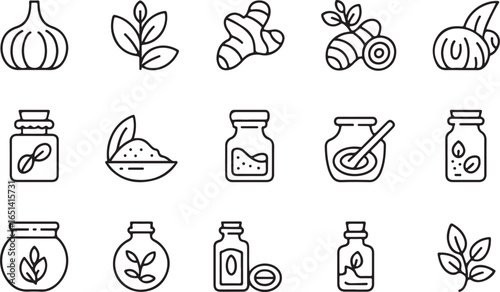 Clean line icons of natural ingredients like garlic, ginger, and herbs, ideal for wellness and herbal medicine applications.