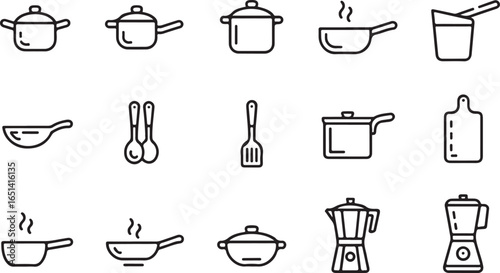 Minimalist line icons of kitchen tools like pans, blenders, and spatulas, ideal for cooking and kitchen-related designs