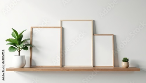 Modern floating shelf, several empty picture frames , wall art, living