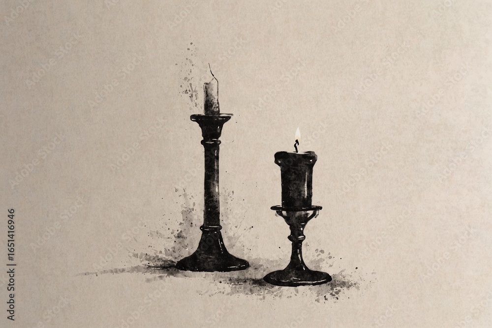 Obraz premium Two vintage candle holders with lit and unlit candles