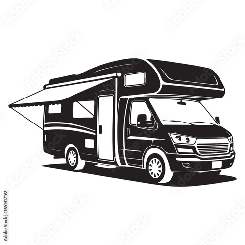 Black silhouette of a motorhome with awning on white. Vector black silhouette. with white background