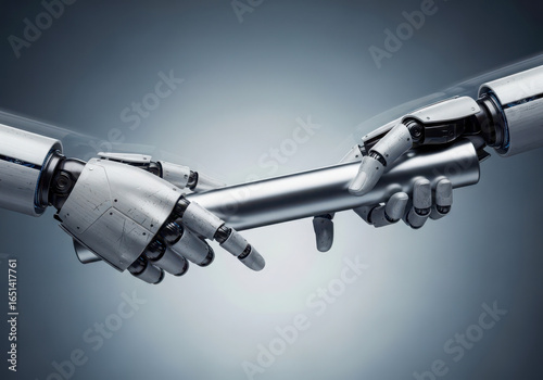 Robotic hands passing relay baton, teamwork and seamless technology handoff in motion
