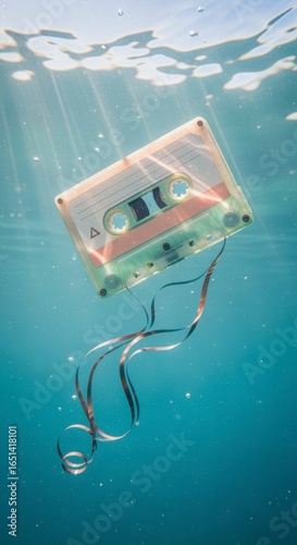 A submerged cassette tape floats in clear water, its magnetic tape trailing behind like ribbons, blending nostalgia with an underwater scene.
