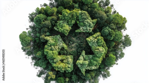 An aerial top-down view of a lush green forest shaped like a recycling symbol, vivid canopy, white background, poster layout with negative space