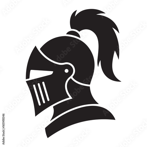Medieval knight helmet profile silhouette icon. Vector black silhouette. with white background