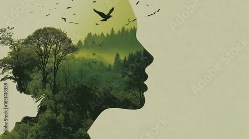 An open human head silhouette with a green landscape and birds inside, representing eco-consciousness and mindful living