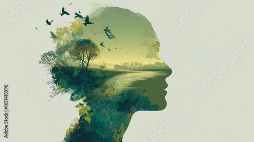 An open human head silhouette with a green landscape and birds inside, representing eco-consciousness and mindful living