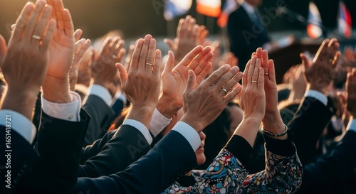 A crowd of people claps enthusiastically, showcasing diverse hands raised in applause during a public event or celebration.
