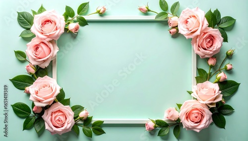 Pink Roses Frame with Pastel Background.