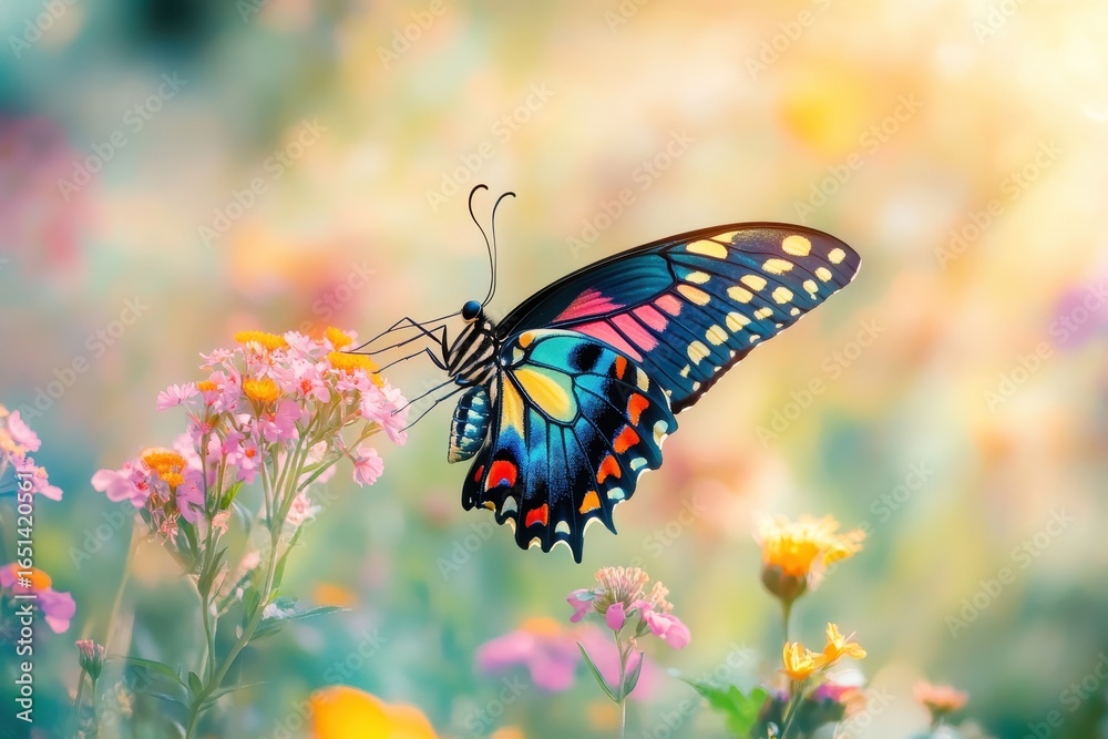 Fototapeta premium Vibrant butterfly on delicate pink flowers in soft sunlight