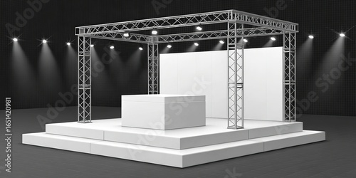 Fototapeta Naklejka Na Ścianę i Meble -  3D Render White Exhibition Stand with Truss, Spotlight and Cube, trade show, expo booth trade show booth, expo design