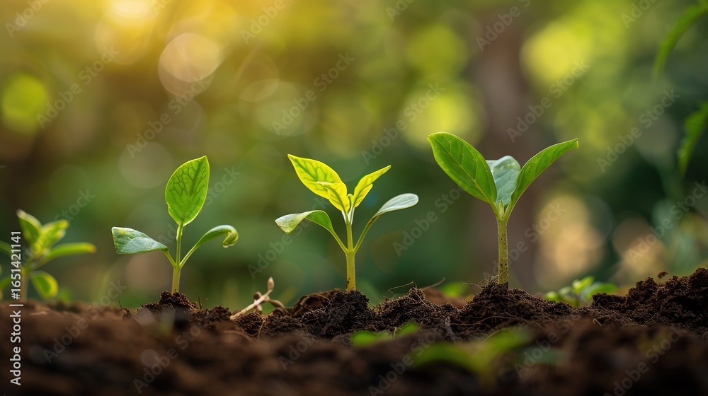 Fototapeta premium Nature’s Renewal: Captivating Scene of Seedling Growth in Ecological Environment – Delicate Green Shoots Emerging from Rich Soil, Tiny Leaves Unfurling Toward Sunlight, Roots Nestling in Moist Earth