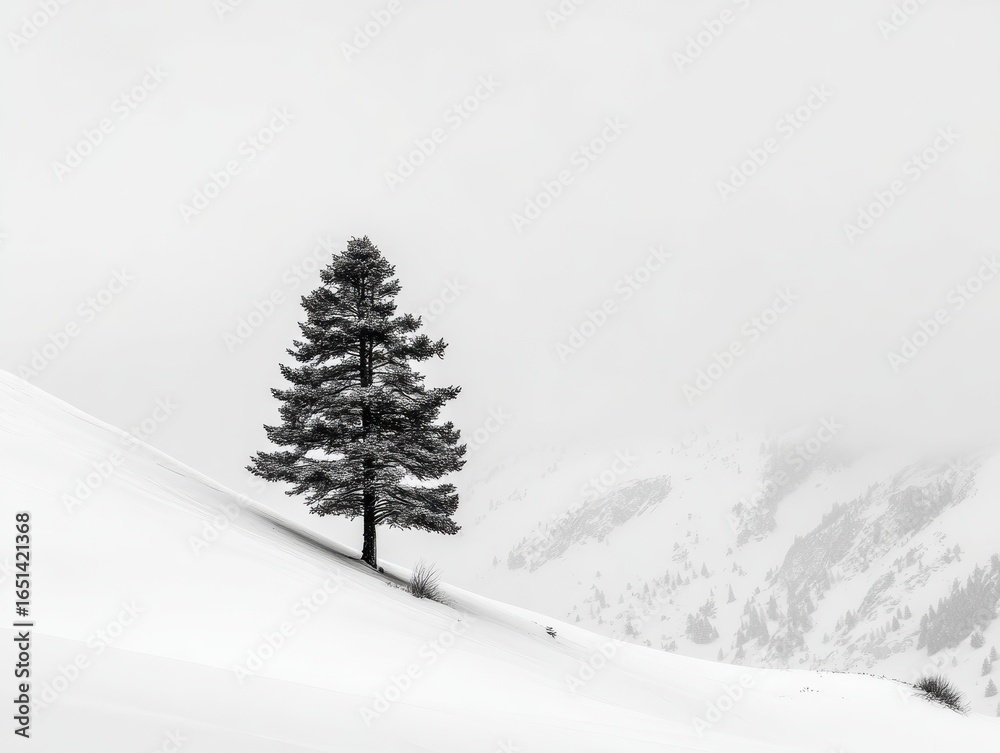 Naklejka premium Solitary Pine Tree: Tall and Stark Against Pristine Snowy Landscape