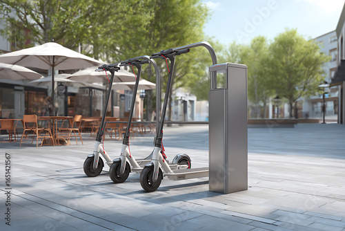 Electric scooters parked near charging station in city center ready for urban mobility and modern transportation