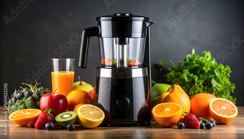 Juicer Surrounded By Assorted Fruits With Juice Glass On A Wooden Table Against Black Background