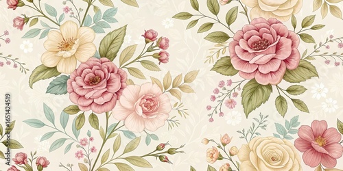 Wallpaper Mural Elegant Floral Seamless Pattern Pastel Roses and Cream Background, Digital Painting, Vintage Style, Textile Design, Wallpaper. Floral Pattern, Rose Pattern Torontodigital.ca
