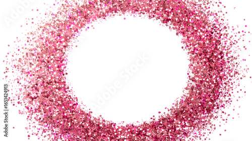 Sparkling pink glitter forms a circular frame on a clean white background, perfect for festive designs.