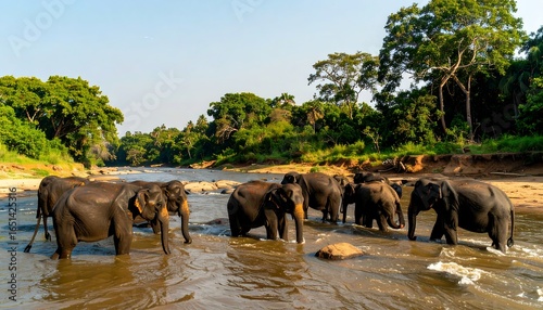 Several elephants wading in a river.