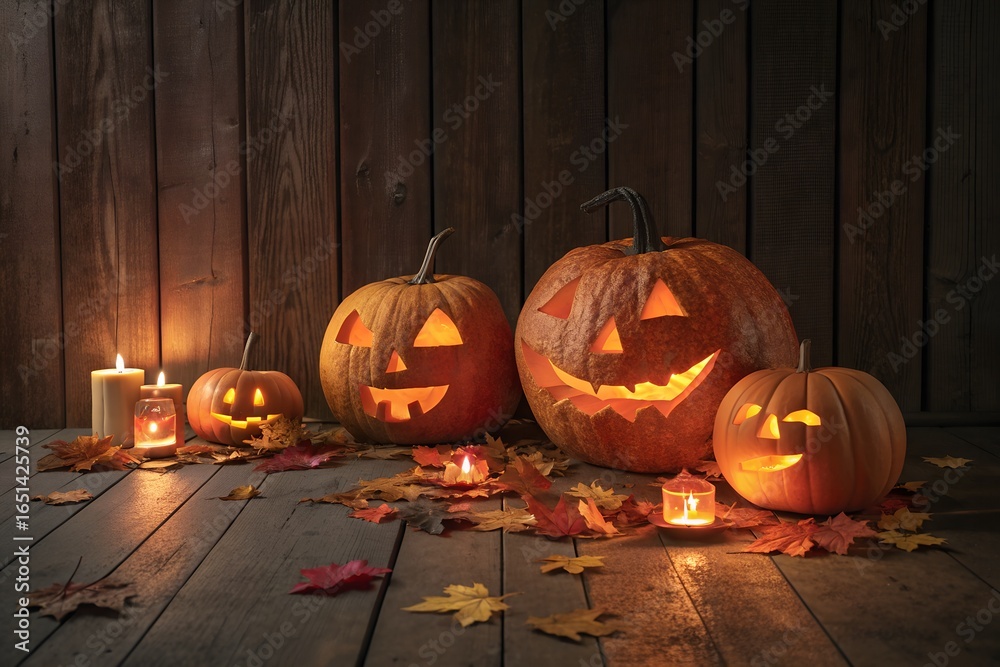 Fototapeta premium Halloween Pumpkins Glowing with Candles on Rustic Wood Floor and Background