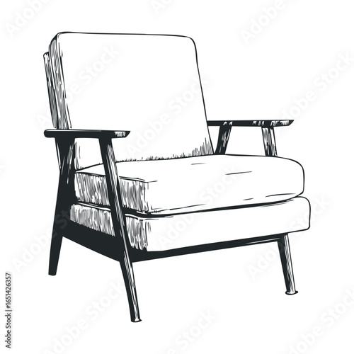 Hand-drawn mid-century modern chair illustration in black and white