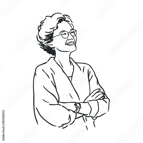 Sketch of smiling mature caucasian female with glasses and crossed arms