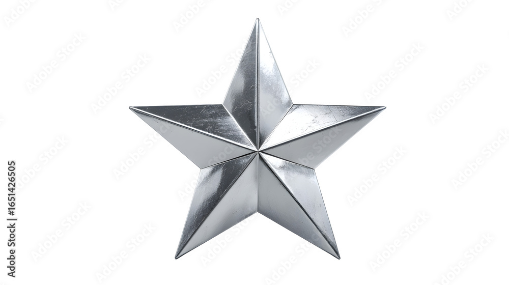 Fototapeta premium A gleaming silver star shines brightly against a clean white background, representing achievement and excellence.