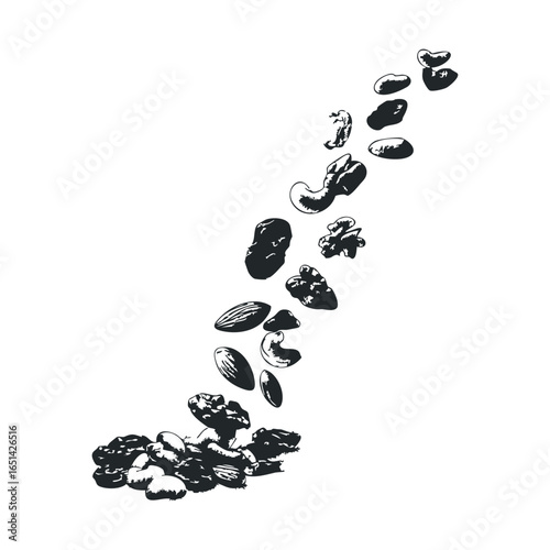 Illustration of falling mixed nuts in black and white design