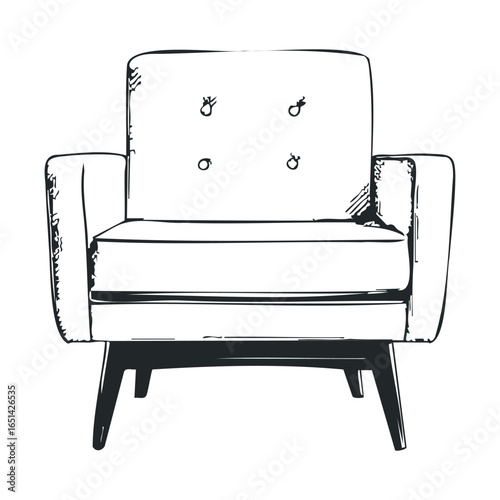 Sketch of a mid-century modern armchair with button tufting and wooden legs