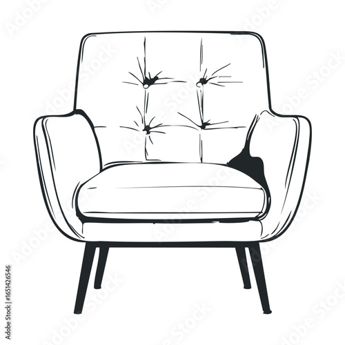 Mid-century modern armchair with black legs and button-tufted upholstery
