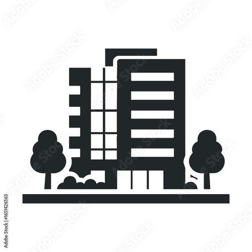 Modern urban building with trees and landscaping