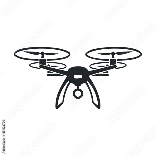 Black quadrocopter drone silhouette with four rotors and camera on white background