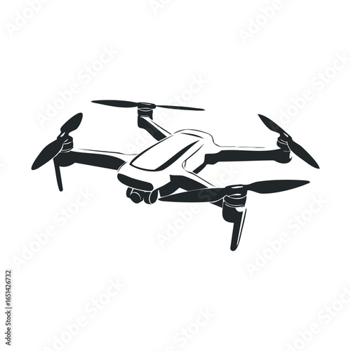 Sleek black quadcopter drone with camera in minimalist design