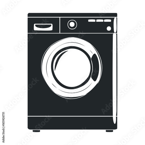 Monochrome front-loading washing machine illustration with dial and button details