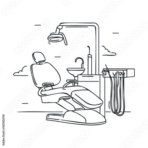 Dentist office line art illustration with equipment including chair and light