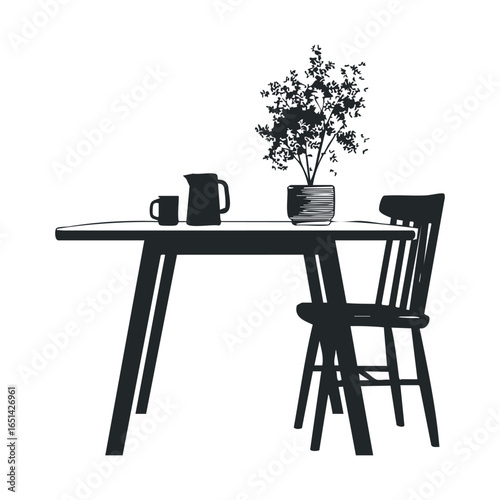 Minimalist black and white dining setup with table, chair, and vase decor