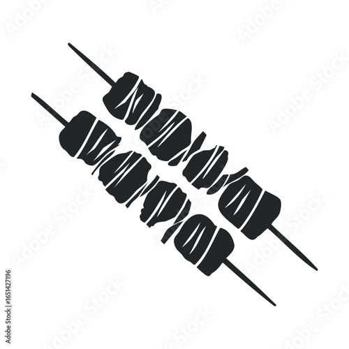 Silhouette of two skewered shish kebab sticks with meat