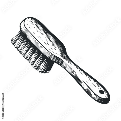 Vintage wooden brush illustration with detailed bristles in black and white