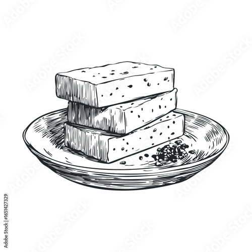 Hand-drawn illustration of three tofu blocks on a plate with seeds