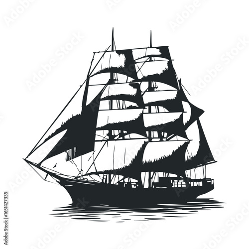 Vintage sailing ship with full sails on calm sea illustrative artwork