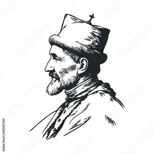 Black and white illustration of mature caucasian male in historical clothing