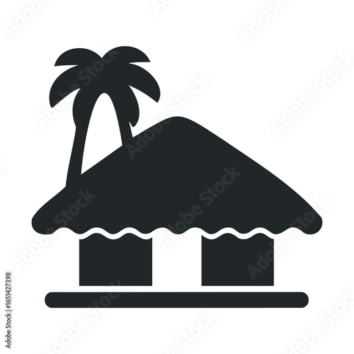 Silhouette of tropical beach hut with palm tree icon