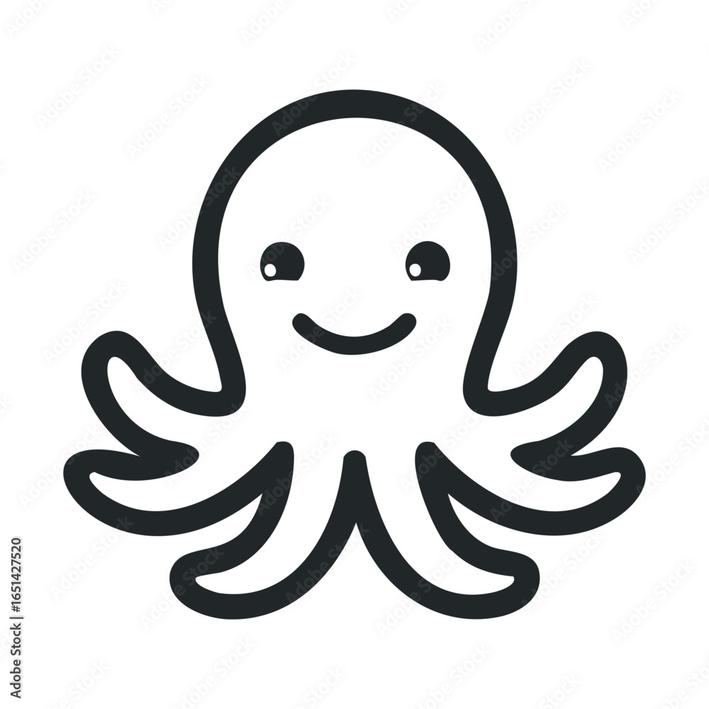 Fototapeta premium Cute smiling octopus icon with simplified black line art on white background