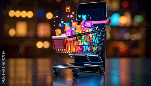 Digital Shopping Cart Emerging From Smartphone Display Against Blurred Background